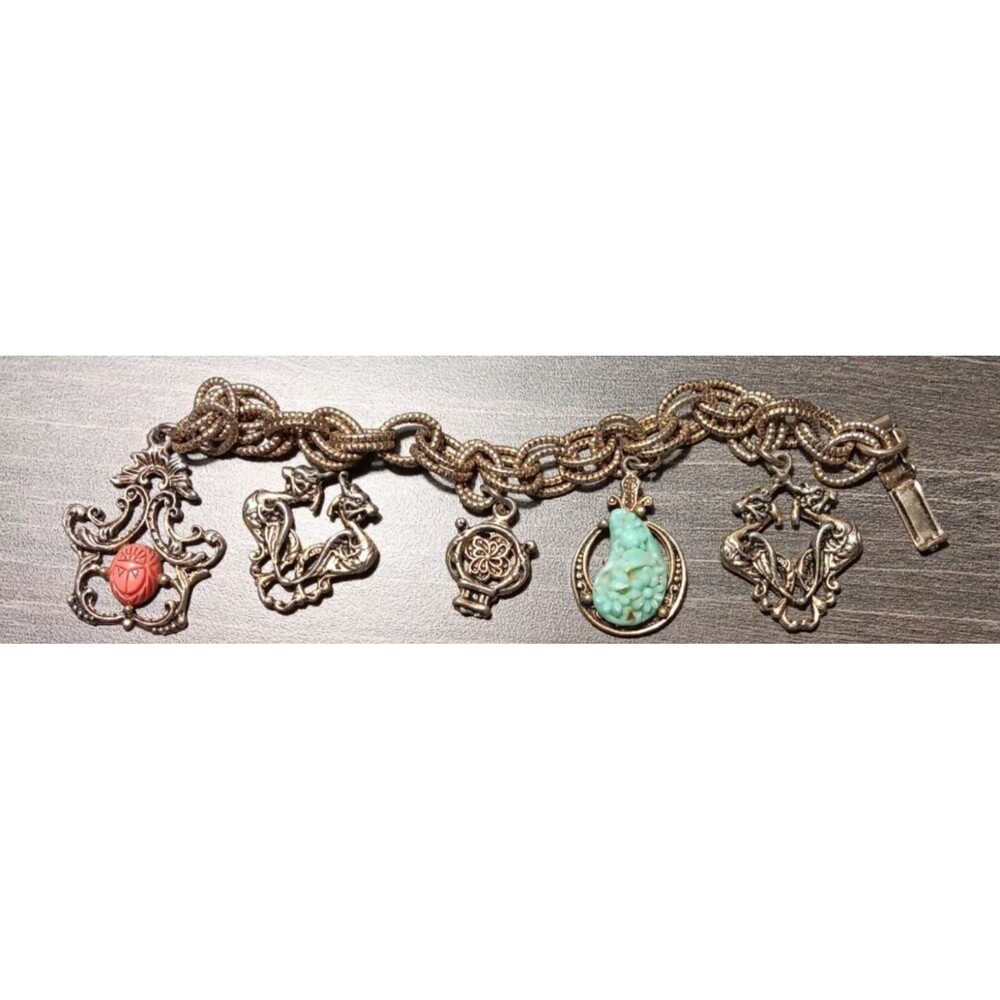 Vintage Golden Charm Medieval Bracelet With Dragons, Celtic, Drop, And Scarab